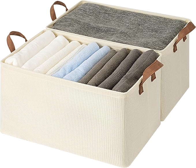 StorageWorks Storage Bins, Shelves Baskets for Organizing, 45L Extra Large Fabric Closet Organizers with Handles, Metal Frame, Beige（Texture）, 2-Pack