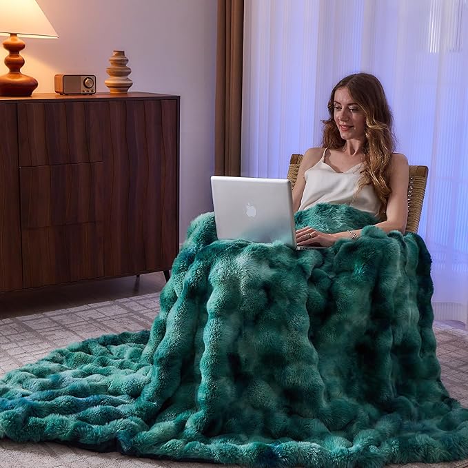 Lotus Karen Faux Fur Throw Blanket Tie-Dye Green - Big Bubble Rabbit Fluff Blanket for Couch,Small Fluffy Fuzzy Cozy Blanket,Thick Furry Plush Shaggy Blankets,60x80 Inches