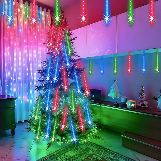 Meteor Shower Lights Outdoor Christmas Lights 24-Tube 576LEDs Snow Falling Rain Cascading Icicle Light for Christmas Tree Decorations Wedding Party Holiday Garden Decor, UL Plug Multi Color