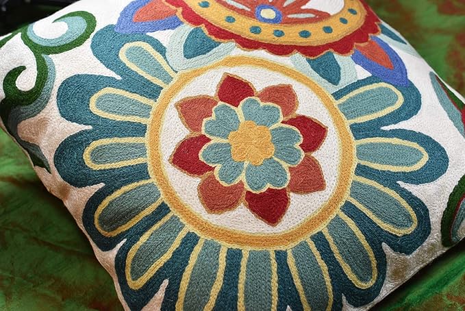 Daisy Floral Pillow Cover Teal Flower Pillowcase Flowery Outdoor Cushion Suzani Accent Pillowsham Flower Floral Chair Cushion Hand Embroidered Cushions Wool Size 18x18