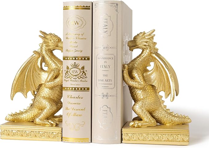 Dragon Statue Decorative Bookends for Shelves, Regal Gold Dragon Statue Home Office Decoration, Fantasy Dragon Figurine Enthusiasts Gifts