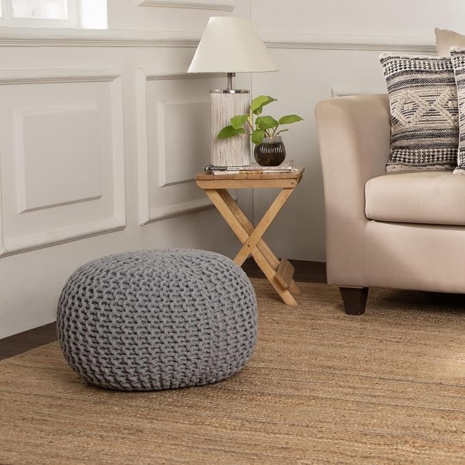 REDEARTH Round Boho Pouf Ottoman - Cable Knitted Cord Boho Pouffe - Stuffed Poof Accent Beanbag Footrest for Living Room - Nursery - Bedroom - Covered Patio - Study Nook (19.5"x19.5"x14") - Gray