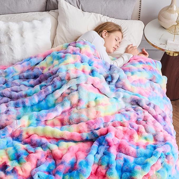 NEWCOSPLAY Faux Fur Twin Blanket Dark Rainbow Luxury Fluffy Thick Warm Bubble Blanket for Couch Sofa Bed 700GSM (Dark Rainbow, Twin(60"x80"))