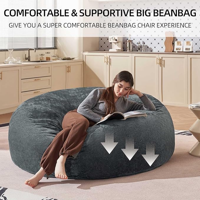Bean Bag Chair 6Ft, Memory Foam Filled, Large Beanbag Chairs for Adults and Teens, Soft Sofa with Removable Flannel Cover, Round Couch for Living Room Bedroom College Dorm (Dark Gray, 6FT-67×67"×24")
