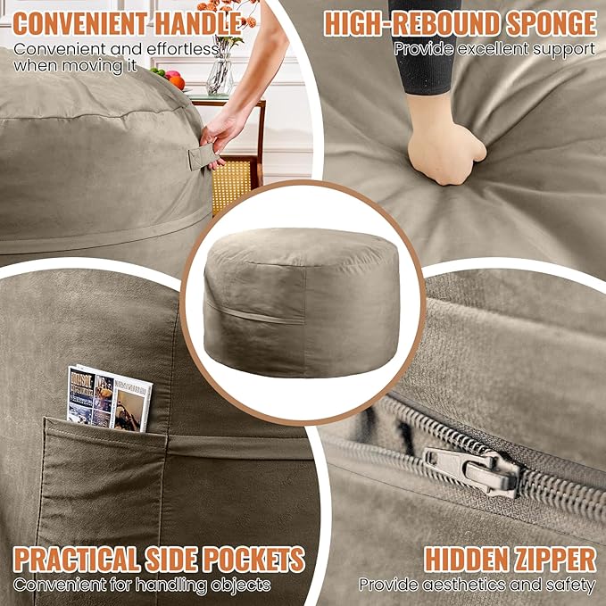 4FT Bean Bag Chair: Bean Bag with Velvet Cover, Fluffy and Comfy Bean Bag Chairs for Adults and Kids, Bean Bag Sofa Filled with High-Density Sponge for Gaming (Light Grey)