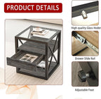 Farmhouse End Table Set of 2, Modern Side Table with Drawer&3-Tier Storage Shelf, Square Rustic Nightstand, Accent Tea Table, for Bedroom Office Living Room, Grey, Natural Wood, Glass, Metal