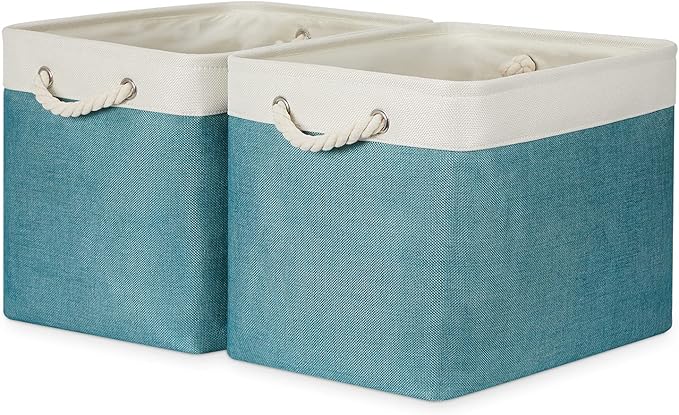 Bidtakay Foldable Storage Bins Set of 2 Tall Cloth Baskets 16" X 11.8" X 11.8" Decorative Organizers for Linen Closet (White & Teal)