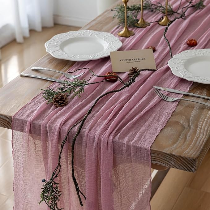 6pcs Cheesecloth Table Runner Dusty Rose Gauze 120 Inch 10 FT Rustic Boho Cheese Cloth Runner for Wedding Baby Shower Bridal Shower Party Long Sheer Centerpiece Fall Home Decoration