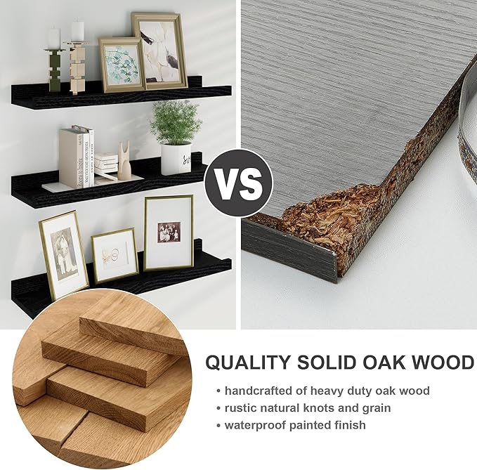 Floating Picture Ledge Shelves 48 Inch Solid Oak Wood Set of 2, Rustic Wall Storage Shelves with Lip, Kids Bookshelf, Photo & Picture Ledge Shelves for Bedroom, Living Room, Kitchen