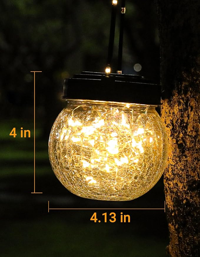PARTPHONER Solar Lantern Solar Lights Outdoor Waterproof 2-Pack, Solar Powered Hanging Lights Cracked Glass Hanging Globes for Christmas Decoration, Shepherd Hook, Garden Tree Ornaments