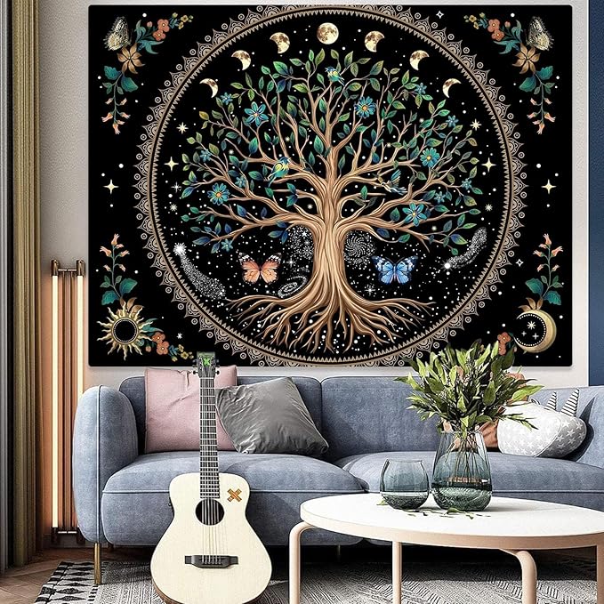 Lunerfex Tree of Life Tapastry Sun and Moon Tapastry Flower Boho Tree Mandala Wall Hanging for Bedroom and Living Room Decor Green Tree 44×60 Inches