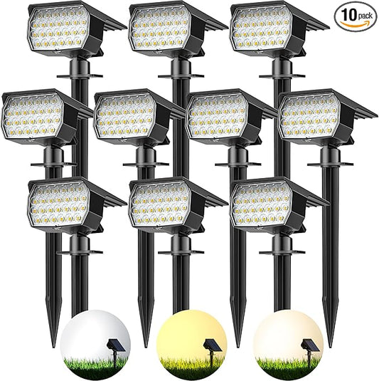 3 Colors Solar Lights Outdoor Waterproof IP65 Outdoor Spot Lights for Yard 52 LEDs 600LM Solar Powered Landscape Spotlights Solar Security Wall Lights for Garden Pathway Outside- 10 Pack