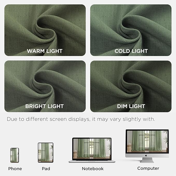 Joydeco Linen Curtains 108 Inch Length 2 Panel Sets,Light Filtering Curtains for Bedroom 52 Inch Wide Living Room Drapes with Back Tabs & Rod Pockets (W52 x L108 Inch, Loden)