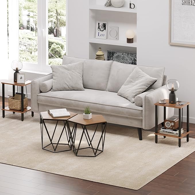 TUTOTAK End Table with Charging Station, Side Table with USB Ports and Outlets, Nightstand, 2-Tier Storage Shelf, Sofa Table for Small Space TB01BB040