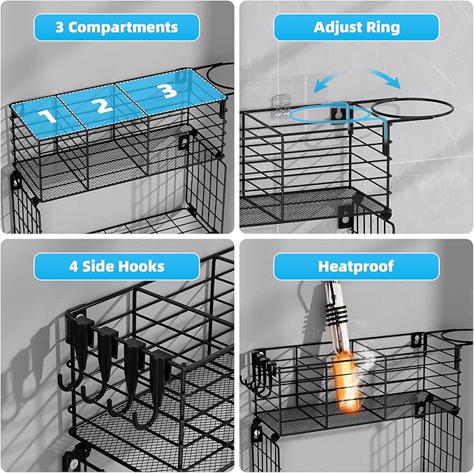 VITVITI Metal Hair Tool Organizer with Toilet Paper Basket, Bathroom Blow Dryer Curling Iron Holder Wall Mount, 2 Tiers Styling Tools Organizer for Straightener with Hooks, Black