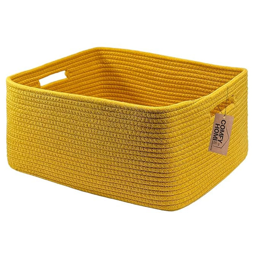 COMFY-HOMI Cotton Rope Woven Basket with Handles for Shelves,Toys,Book, Cloth Storage Baskets for Organizing-17" x 13" x 7.5" Toy Decorative Organizer for Living Room, Bathroom （Yellow）