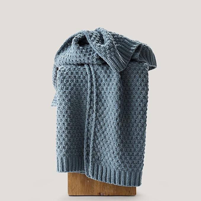 Chunky Chenille Knit Throw Blanket for Couch, Soft Luxurious Moss Stitch Blankets for Bed, Cozy Decorative Farmhouse Knitted Throws for Sofa, Stormy Blue, 50" x 60"