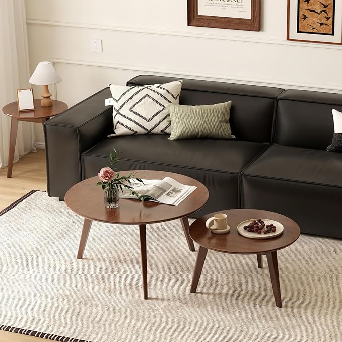 100% Solid Oak Wood Coffee Table Set, Round Coffee Table Combo Side Table w/Solid Wood Legs, Mid Century Table Sturdy Tables for Bedroom Balcony Living Room (Walnut, 3 Pieces)