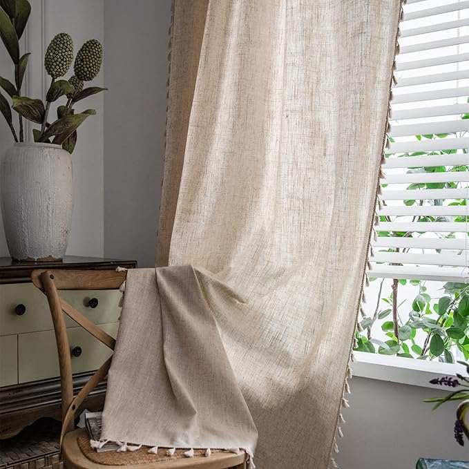 Sutuo Home Boho Curtain 96 Inches Long for Bedroom, Natural Linen Look Textured Burlap Rod Pocket Chic Semi Blackout Bohemian Handmade Tassels Window Treatment for Living Room, 1 Panel 59" W x 96" L
