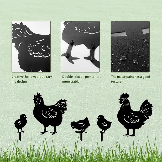 5 Pack Chicken Metal Garden Decorative Stakes, Weather Proof Silhouette Statues for Yard, Patio,Outdoor Decor for Chicken Lovers and Pet Owners