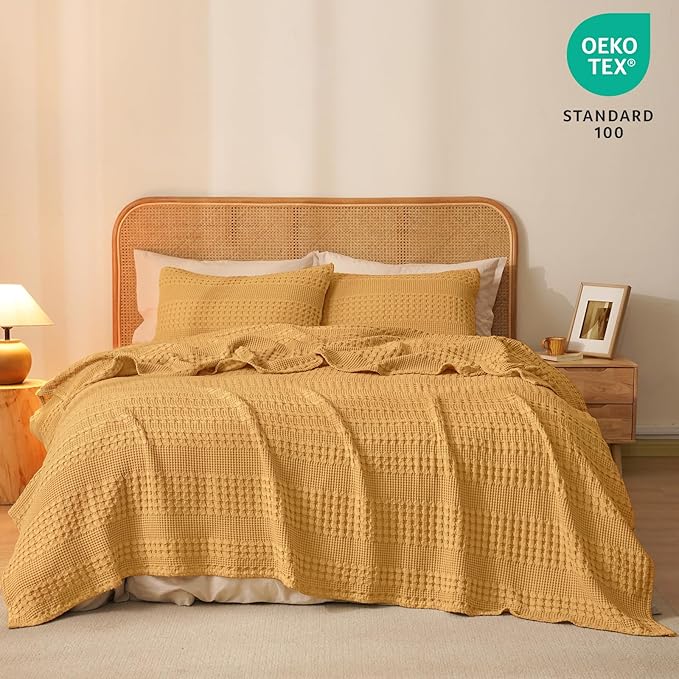 PHF 100% Cotton Waffle Weave Blanket King Size, Soft Lightweight Breathable Cozy Summer Blankets for Bed, Luxury Aesthetic Woven Bedding for Home Decor, 108"x90", Ginger/Honey Yellow