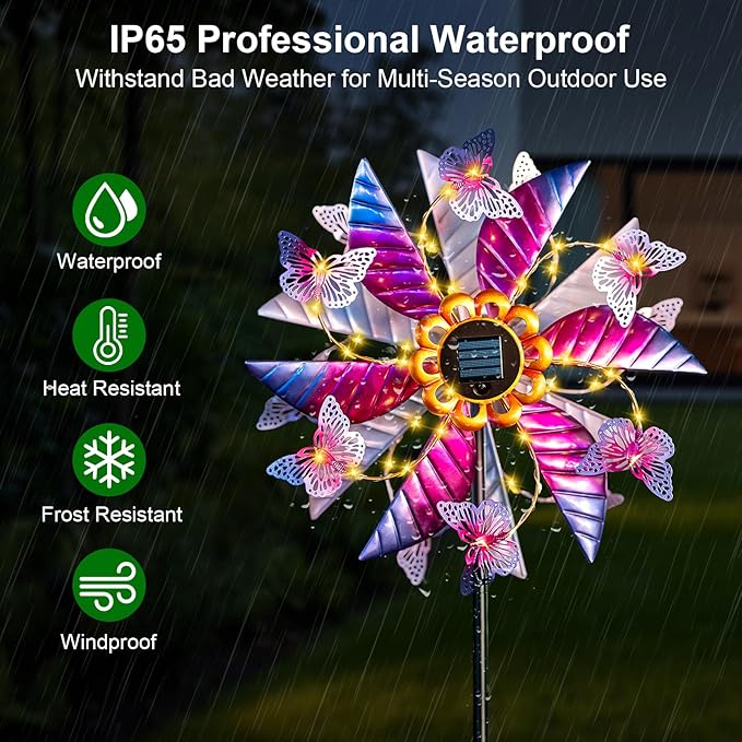 Solar Wind Spinner Outdoor, 360° Metal Large Butterflies Wind Sculpture with Outdoor Kinetic Windmills with Vine String LED Lights for Decor Garden Patio, Lawn & Yard