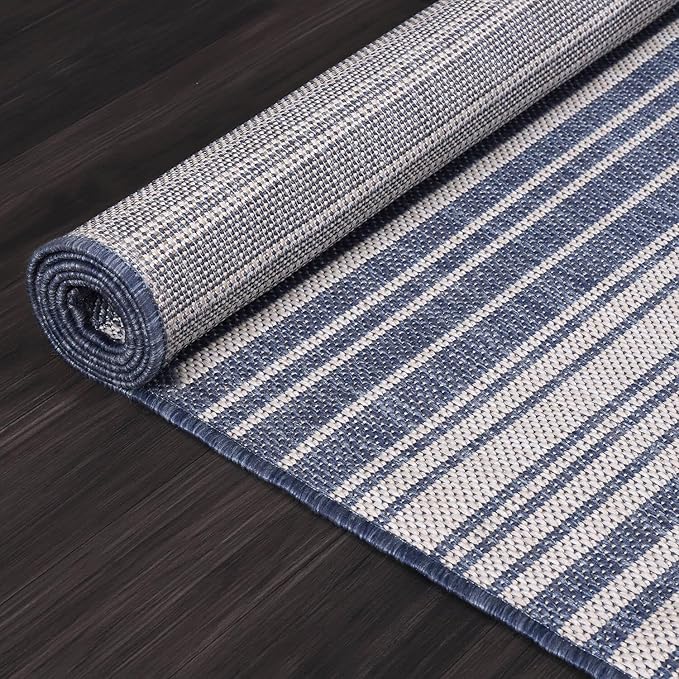 Stripe Outdoor Rug 10x14 Washable Outside Carpet for Indoor Patio Porch Waterproof Easy Cleaning Non Shedding Area Rugs Blue 10 x 14