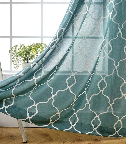 MIUCO Moroccan Embroidered Semi Sheer Curtains Faux Linen Grommet Window Panel Pair for Bedroom 52 x 63 Inch, Teal