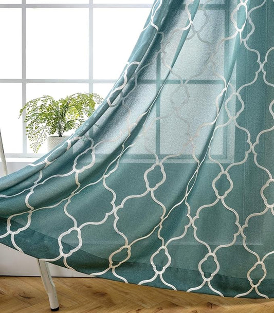 MIUCO Moroccan Embroidered Semi-Sheer Curtains Faux Linen Grommet Curtains for Living Room 52 x 84 Inch 2 Panels Set, Teal