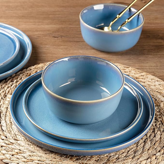 GBHOME Ceramic Dinnerware Sets for 4, 12 Pieces Stoneware Plates and Bowls Sets, Reactive Glaze Dishes -Scratch Resistant, Dishwasher&Microwave Safe-Alaskan Blue