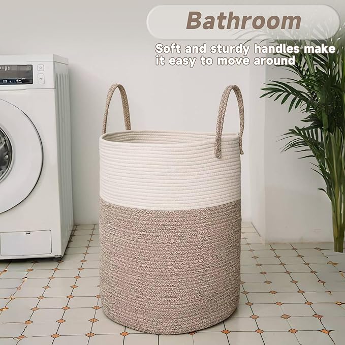 Large Woven Laundry Basket Hamper,100L Cotton Rope Storage Bin for Blankets,Toys and Clothes,Decorative Tall Nursery Hamper for Living Room,Baby Nursery,Bathroom and Bedroom,Brown
