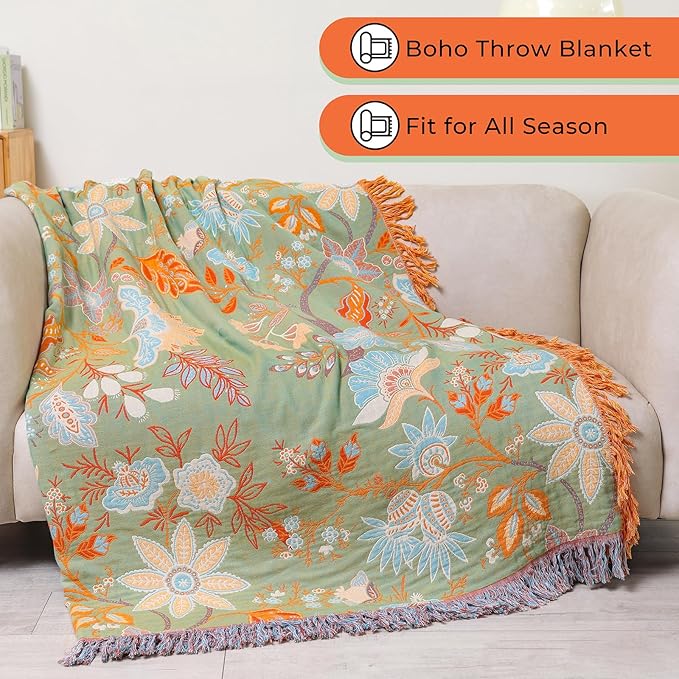 Boho Fall Throw Blanket for Bed，100% Ultra Cotton Soft Breathable Bed Throw Floral Printed Farmhouse Decor Rustic Bed Throws for Couch Sofa Quilt 60" x 80"-Orange& Sage Green