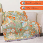 Boho Fall Throw Blanket for Bed，100% Ultra Cotton Soft Breathable Bed Throw Floral Printed Farmhouse Decor Rustic Bed Throws for Couch Sofa Quilt 90" x 98"-Orange& Sage Green