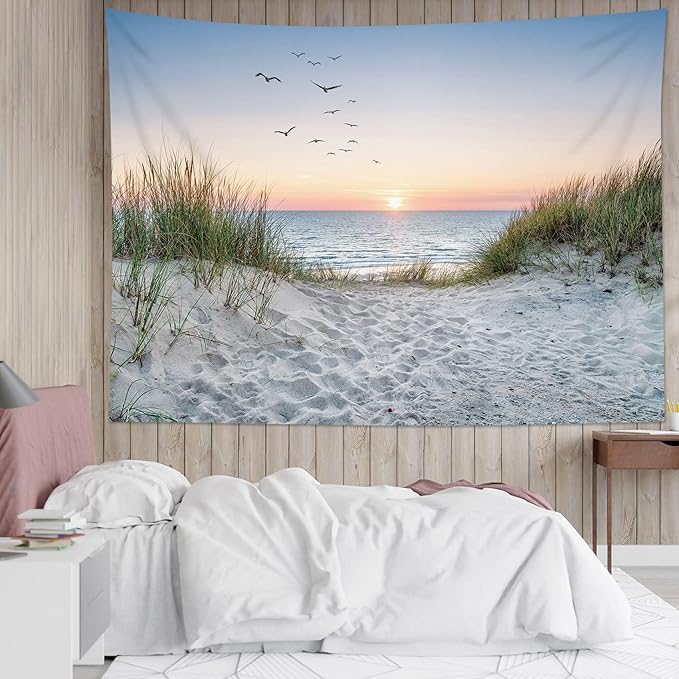 HVEST Ocean Beach Tapestry Wall Hanging, Sunset Seabird and Beach with Grass, Natural Landscape for Bedroom, Living Room, Dorm Decoration, 92.5x70.9 Inches