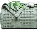 PHF Cooling Waffle Blanket Queen Size, Lightweight 60% Rayon Derived from Bamboo & 40% Cotton Breathable Blanket for Hot Sleepers, Soft and Luxury for Bed Couch and Sofa, 90"x90", Sage Green