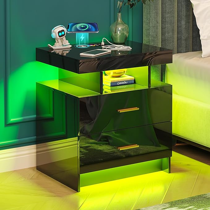 Night Stand with Light, High Gloss Nightstand with USB/Wireless Charging Station, LED Black Nightstands with Storage Drawers, RGB Side End Table for Bedroom Furniture（Black）