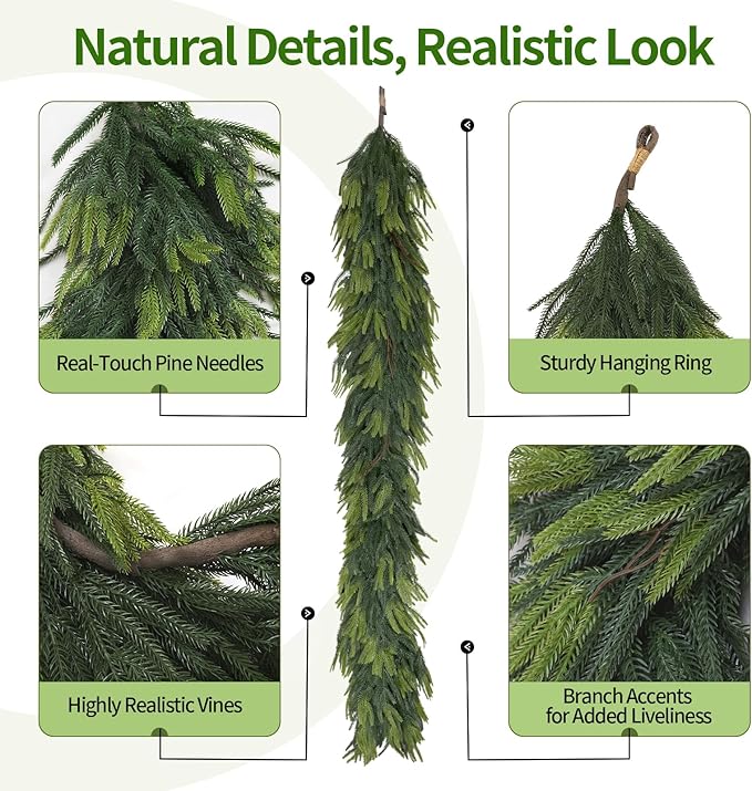 6FT Artificial Norfolk Pine Garland 2 Pack – Dense Green Christmas Garland, Real Touch Holiday Greenery for Front Door, Fireplace Mantel, Staircase, Indoor Outdoor Home Decoration