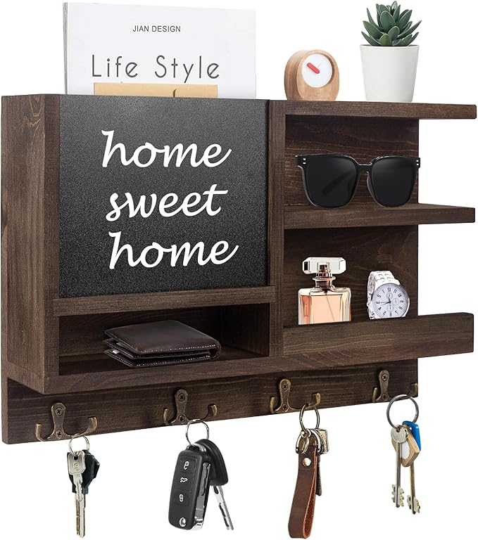 Key Holder for Wall, Mail Organizer Wall Mount with Key Hooks and Chalkboard & Mirror for Sunglasses Storage and Dog Leash Hanger, Decorative with 4 Double Hooks