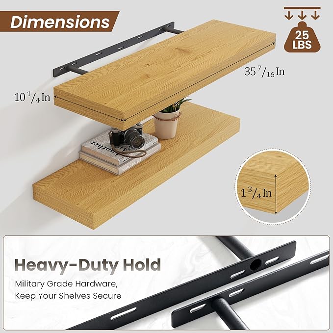 Heimlove 36 Inch Floating Shelves for Wall,10 Inch Deep Wood Shelves with Invisible Brackets,Wall Mounted Storage & Display Shelves for Bedroom,Living Room,Kitchen,Office,Oak Color