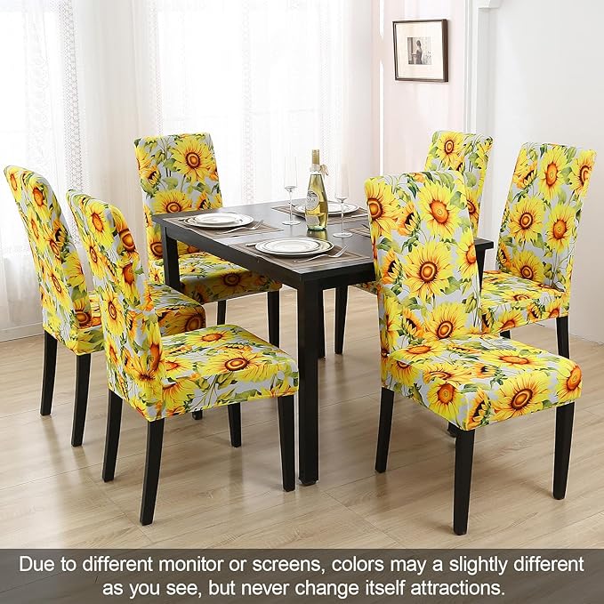 JQinHome Pattern Chair Covers for Dining Room Set of 6, High Stretch Removable Washable Parsons Chair Slipcover for Home Party Hotel Wedding Ceremony (Sunflower,6PCS)