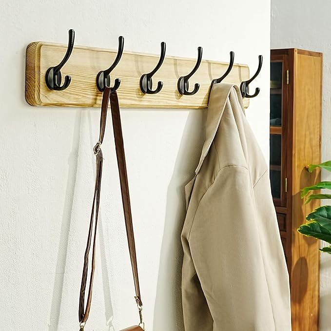 Dseap Coat Rack Wall: 24" Long, Patented, Heavy-Duty, 6-Double-Hooks Wooden Wall Mounted Coat Rack Coat Hanger Hook Rail for Winter Coats Hat Jacket Clothing, Light Brown