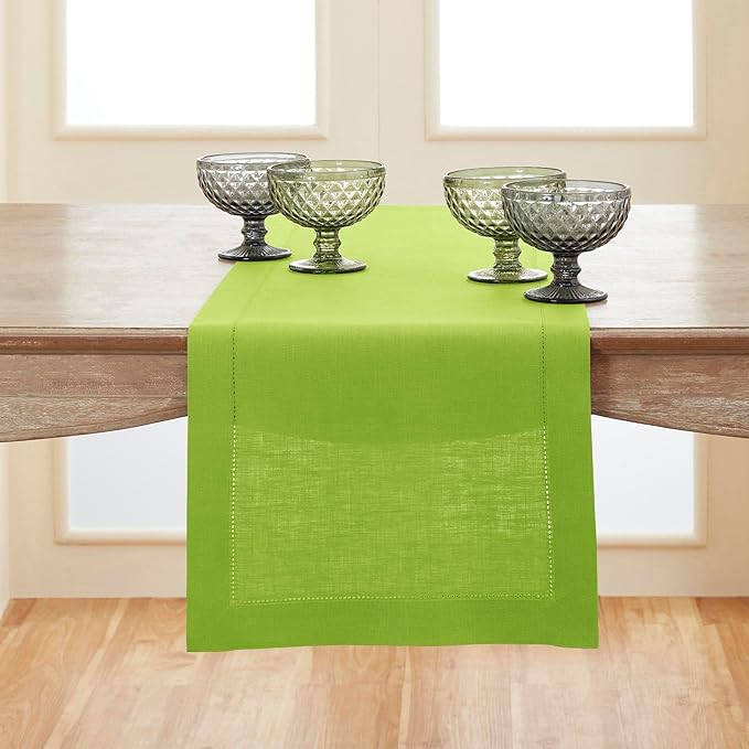 Solino Home Linen Lime Green Table Runner 72 Inches Long - 100% Pure Linen Hemstitch Table Runner 14 x 72 Inch for Dresser, Dining - Classic Hemstitch