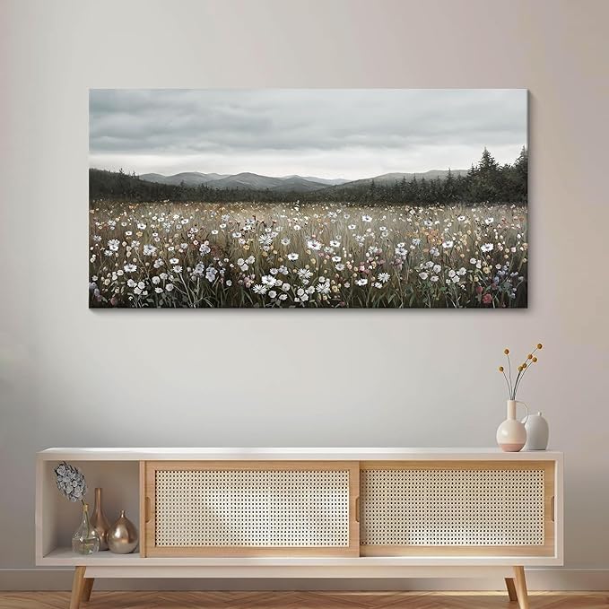 HGUAOA Vintage Landscape Wall Art for Bedroom and Living Room - Large Floral Artworks Farmhouse Wall Decor - Framed Neutral Nature Pictures - Above Bed Decor with Mountain Scenery 24×48IN