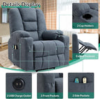 VIVIJASON Power Lift Chair Electric Recliner for Elderly Heated Vibration Massage Soft Fabric Recliner Chair with 2 Remote Controls, USB Ports, Side Pockets & Cup Holders for Living Room (Blue)