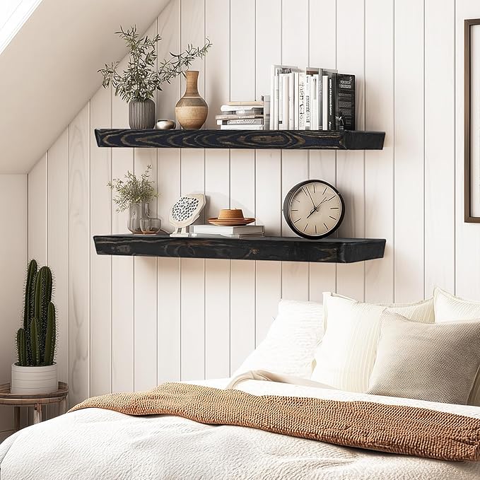 36"x6.8"x1.6" Slanted Floating Wall Shelves 2-Pack - Rustic Black Finish, Heavy-Duty Solid Wood Design with Hidden Brackets - Perfect for Living Room, Kitchen, Bathroom, or Office