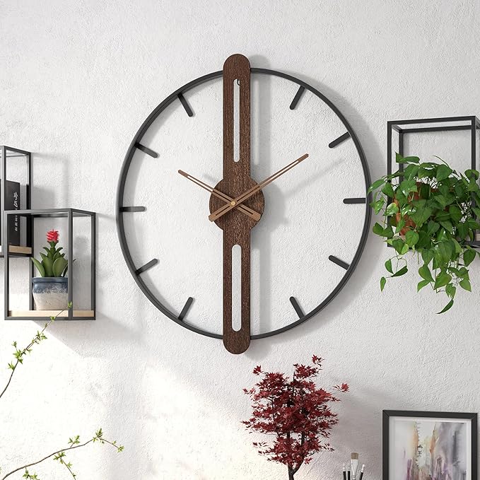 Modern Walnut Dial Wall Clock, Wood Large Wall Clock Decor Metal Frame Silent Non Ticking for Living Room, Bedroom, Kitchen, Study Decoration, Handmade Home Present Idea, 24 in （60 cm）