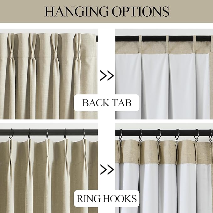 Vision Home Sand Pinch Pleated Full Blackout Curtains Linen Blended Room Darkening Window Curtains 63 inch for Living Room Bedroom Thermal Insulated Pinch Pleat Drapes with Hooks 1 Panel 60" Wx63 L