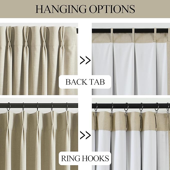 Vision Home Sand Pinch Pleated Full Blackout Curtains Linen Blended Room Darkening Window Curtains 102 inch for Living Room Bedroom Thermal Insulated Pinch Pleat Drapes with Hooks 40" Wx102 Lx2