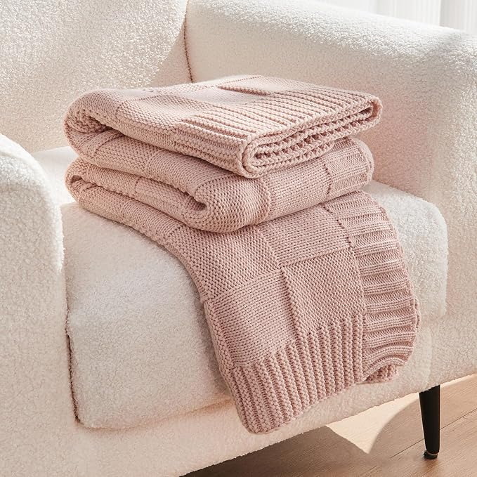 CozeCube Check Knit Throw Blanket, Pink Checkered Throw for Couch, Decorative Christmas Soft Cozy Warm Knitted Blanket for Bed Sofa Living Room, 50"X60"