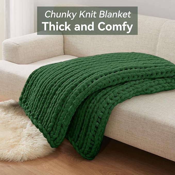 Chunky Knit Throw Blanket, 50''*60'' Knitted Throw Chenille Yarn for Bed Couch, Handmade Grass Green Crochet Big Thick Blanket, Machine Washable Cute Comfy Blanket for Home Decor